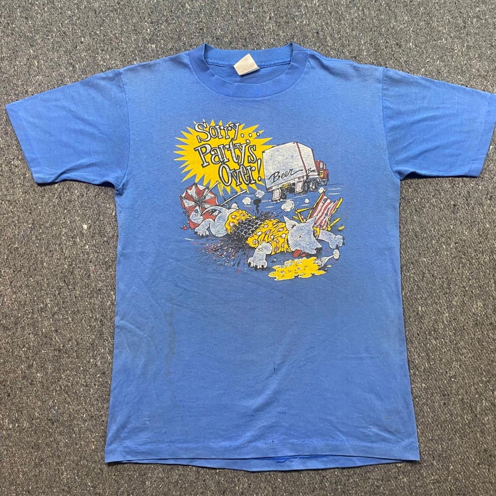 Miller Sorry Partys Over TShirt Sz L Mens Blue Vintage Single Stitch Graphic Dog